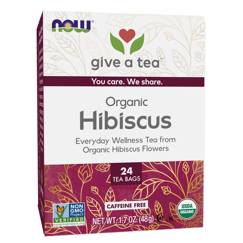 NOW Foods, Organically Hip Hibiscus™ Tea, Caffeine-Free, Non-GMO, No Added Colors, Preservatives or Sugars, Premium Unbleached Tea Bags with our No-Staples Design, 24-Count